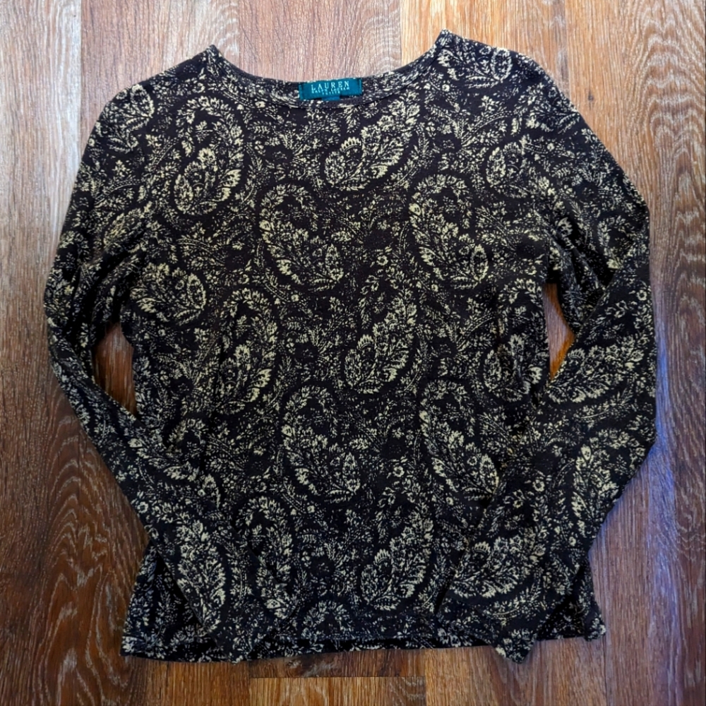 Ralph Lauren Womens Paisley Knit Top M Long Sleeve Cotton Crew Neck